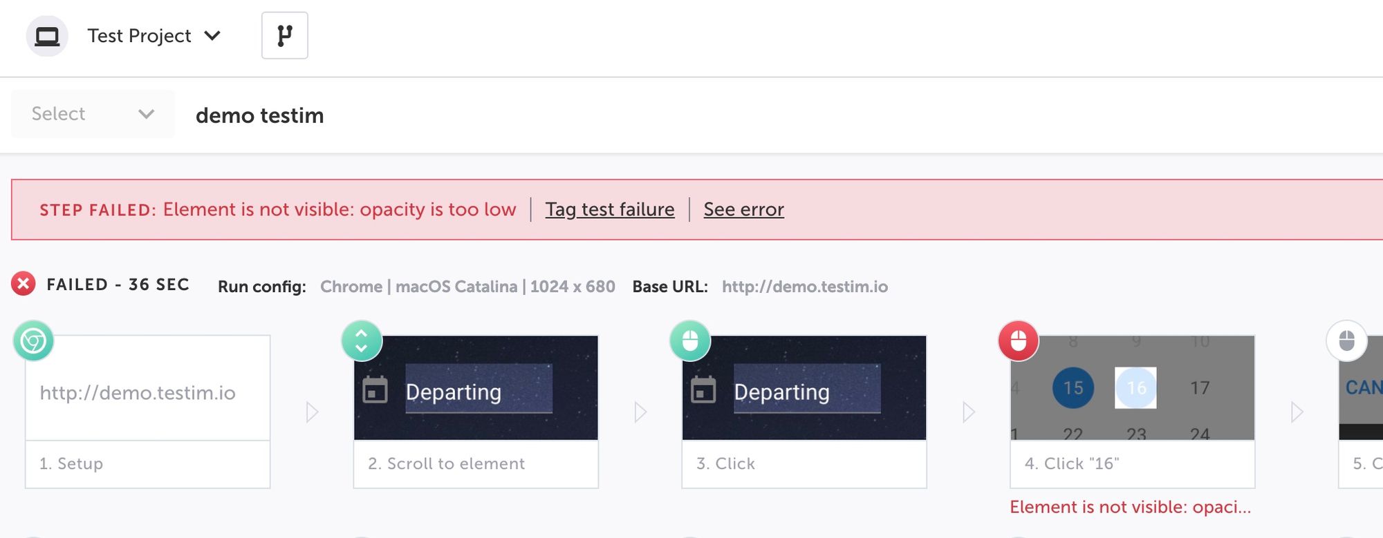 Test steps with latest errors are highlighted